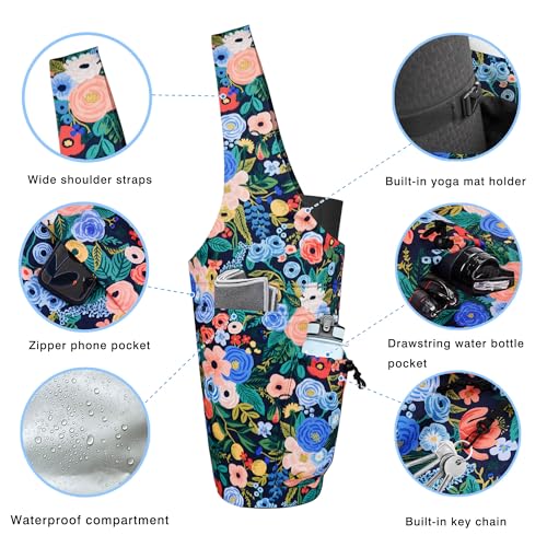 Yoga Mat Bag - Large Opening Long Tote Yoga Mat Carrier Holder Bag with Waterproof Wet Zipper Pocket and Drawstring Water Bottle Pocket - Yoga Bag Fit Most Size Mats - color: Floral