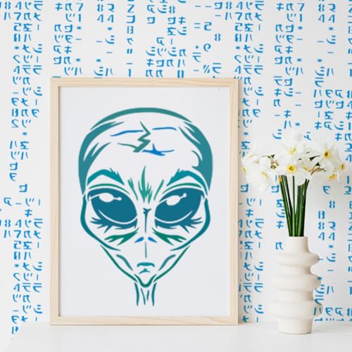 FINGERINSPIRE 2PCS Alien Stencil Set Reusable Alien Head & Alien Code Template for Painting on Wall, Wood, Canvas, Fabric Sci-Fi Theme DIY Art Stencils