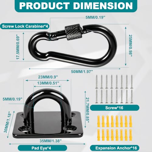 304 Stainless Steel Pad Eye Snap Hooks, 500LBS Heavy Duty Ceiling Hook, M5 | Black Hanging Kit with Locking Carabiner, Pad Plate Hooks for Hammock, Chair Swing, Plant,Sun Shade Sail, Marine Boat, Yoga - color: Black Square, size: M5