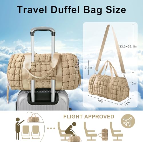 Quilted Travel Duffle Bag Gym Bag for Women,Large Puffer Duffle Weekender Bag with Compartment,Workout Overnight Carry on Organizer Bag Duffle Bag for Airplane Travel(Khaki) - color: Khaki, size: Medium
