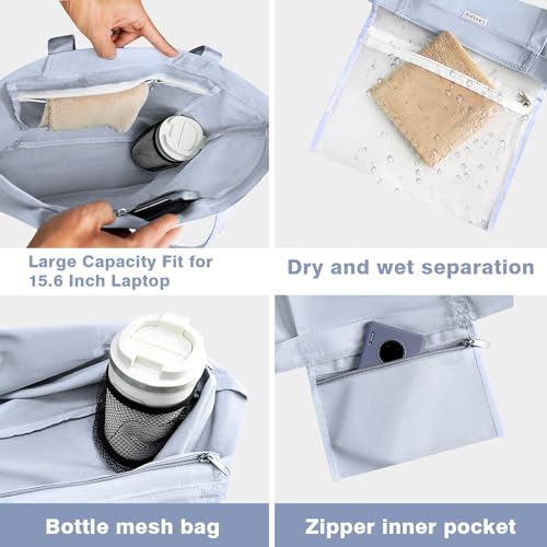 Yoga Mat Bag for Women, Pure Cotton Canvas Yoga Tote with Wet/Dry Pocket, Bottle Holder & Inner Zipper Pocket, Yoga Mat Carrier Bag for Pilates, Gym, Travel, Beach - color: Light blue