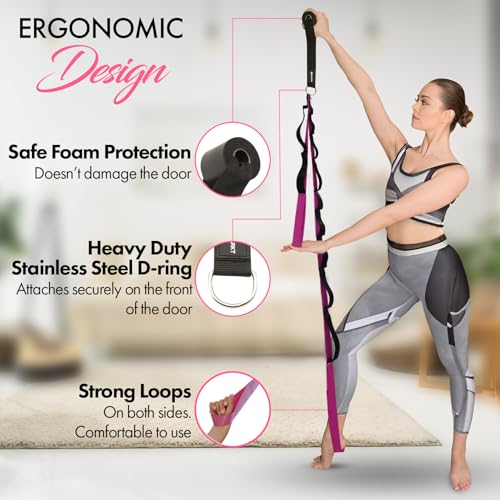 10-Loop Yoga Strap with Door Anchor for Stretching & Flexibility | Improve Flexibility, Balance and Deep Stretching with a Versatile Yoga Accessory for All Fitness Levels - color: Purple