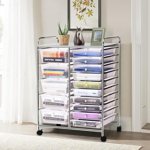 LDAILY 15 Drawer Rolling Storage Cart, Rolling Cart with Drawers for Classroom, Art Supply Craft Organizer on Wheel with Metal Frame & Handles for Home Office School - color: Clear, size: 15 Drawer