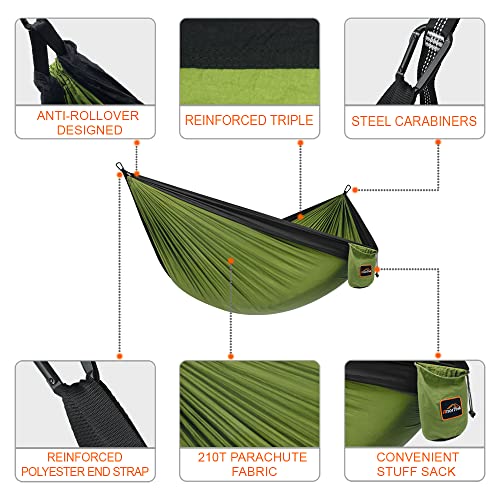 AnorTrek Camping Hammock, Super Lightweight Portable Parachute Hammock with Two Tree Straps Single or Double Nylon Travel Tree Hammocks for Camping Backpacking Hiking - color: Olive Green&black, size: Single 110''L x 55''W