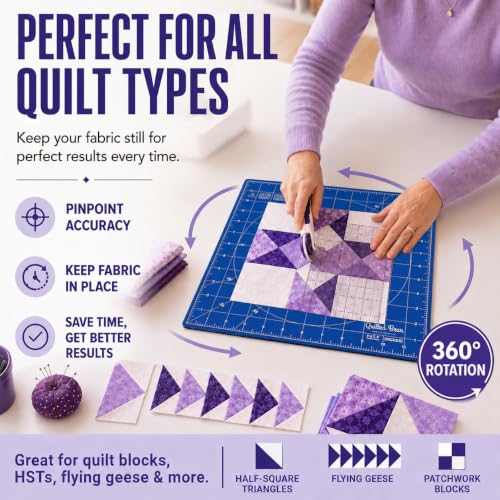 The Quilted Bear 12" x 12" Rotating Self-Healing Cutting Mat, Blue | Square Mat, 360° Rotation, Locking Mechanism, 5-Layer Surface, Non-Slip Base, Clear Inch Grid & Angle Guides for Quilting - color: Blue, size: 12"L x 12"W
