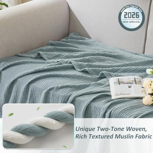 EMME Muslin Blankets for Adults, Cotton Large Throw Blanket 4-Layer, Couch Breathable Gauze Soft Lightweight Bed Blankets, Two-Tone Weave Design, Pre-Washed Softer Touch (Heather Teal, 50"x70") - color: 02 - Teal, size: Large Throw (50" X 70")
