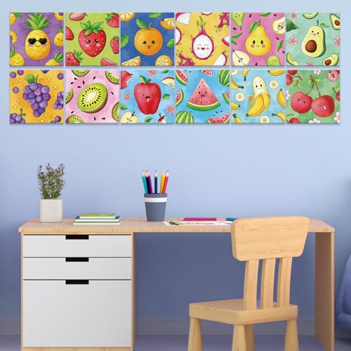 Anseal 12 Packs Pre Drawn Canvas to Paint, 4" X 4" Fruits Pre-Printed Paint Party, Pre Stretched Canvas Outline Painting Boards for Paint Lovers, Party Favor (Fruit) - style: fruit