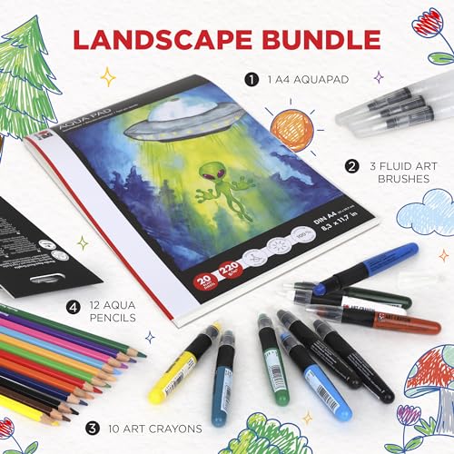 Marabu Mixed Media Drawing Set - 20 Sheets Watercolor Paper, 12 Watercolor Pencils with 10 Watercolor Crayons and Water-Fillable Brush Set - The Ultimate Landscape Adventure
