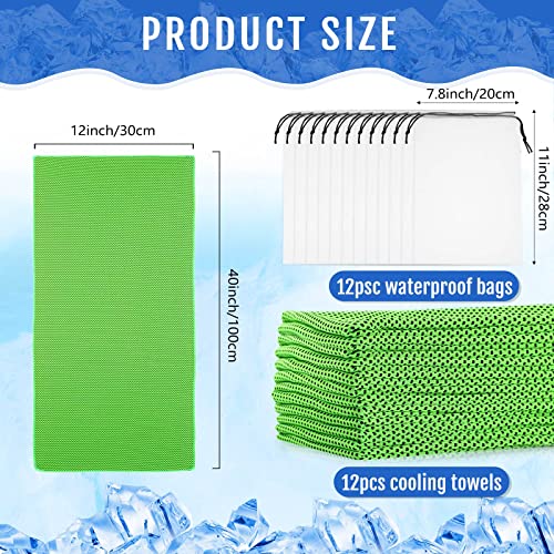 Hosuly 12 Pcs Cooling Towels for Face and Neck 12 x 40 Inch Workout Towels for Gym Fast Drying Hot Weather Sweat Rag Cold Cooling Cloth with 12 Bags Athletes Sport Yoga Golf(Green) - color: Green