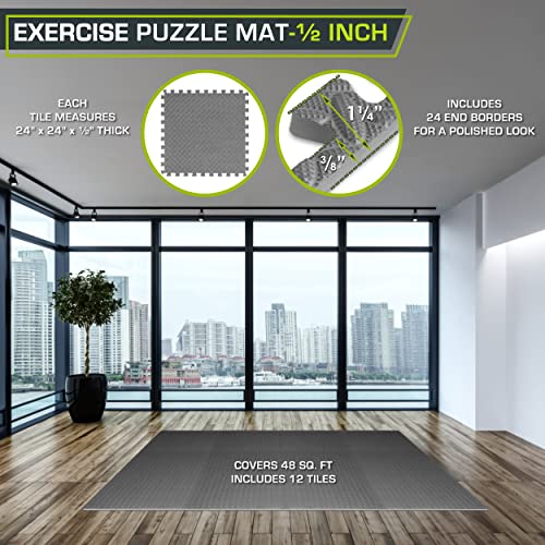 ProsourceFit Exercise Puzzle Mat ½-inch, EVA Interlocking Foam Floor Tiles for Home Gym, Workout Equipment, Kids Play Areas, Grey, 48 SQ FT - 12 Tiles - color: Grey, size: 12 Pack (48 SQ FT)