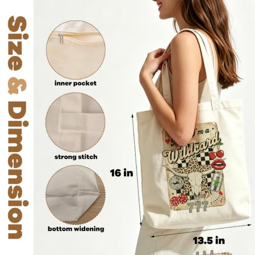 VICBOU Western Cow Skull Canvas Tote Bag for Women Girls, Cowgirl Shoulder Bag with Pocket for Beach Shopping Work - color: Wildcard