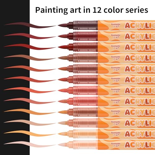 kander Guangna Acrylic Paint Markers 12 Colors, Skin Tone Series Set with Soft Brush Tip Water Based, Fine Tip Markers for Wood, Canvas, Rock Painting, Glass, Diy Crafts, Fabric Paint - color: Red Brown