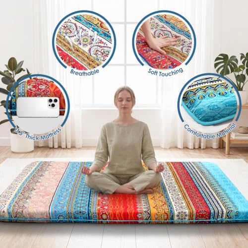 SCHNAUZER HOME Japanese Floor Mattress Futon Mattress Twin 3.5" Thick Boho | Foldable Mattress Tatami Mat Sleeping Pad, 100% High Density Foam, Kids Floor Lounger Bed Sofa, Bohemian - color: Boho, size: Twin( 80 x 39 )