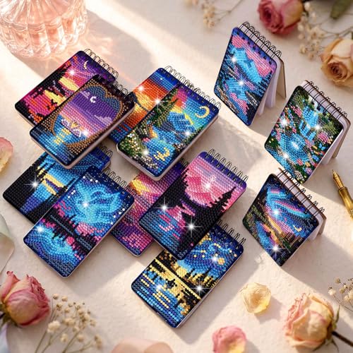 Fuyoooo 12 Pcs Starry Sky Theme Diamond Art Notebook, 4.72 x 2.83 Inch | Fantastic Landscapes Diamond Art Kits, DIY Cover Notebook Diamond Painting for Beginners, 5d Journal Art Notepad Accessories - style: Starry Sky