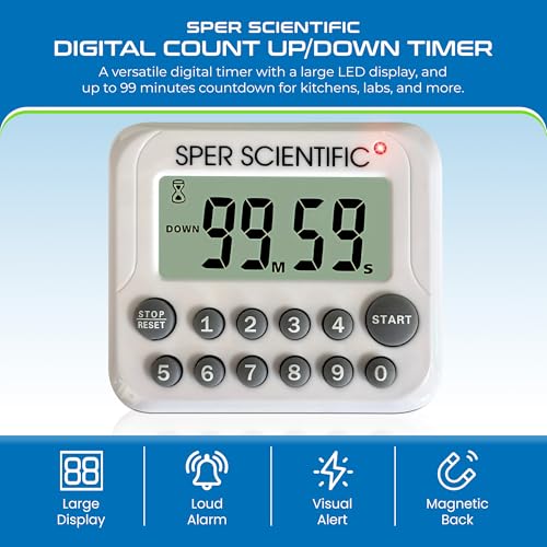 Sper Scientific Digital Count Up/Down Timer with Audible & Visual Alarm 810003 – Timer with Large Display, Loud Alarm & Up to 99 Minute Countdown - for Labs, Cooking, Workouts, Classroom & more - 4 pc - size: 4 Pack