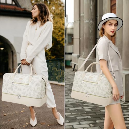 ITIEZY Weekender Bag for Women 21.5" Travel Duffel Large Carry On Bag 3PCS | Nylon Duffel Bag with Waterproof Shoe Compartment, Crossbody Bag and Toiletry Bag, Travel Weekend Hospital Overnight Gym Bag - color: 4-Beige Flower
