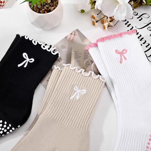 Women's Pilates Grip Socks, Ruffle Non Slip Bow Pattern Yoga Socks | Grippy, Frilly Trim, Embroidery, Crew Length, Soft Cotton, Arch Support, for Barre Ballet Dance Workout Hospital Home Gifts - color: B09-bow-white+black