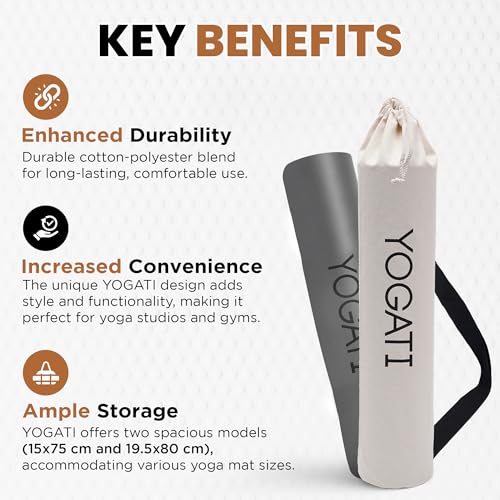 YOGATI® 조절 가능한 스트랩이 있는 면 요가 매트 백 | 매트를 위한 내구성 있는 요가 가방, 필라테스 및 피트니스 애호가에게 적합 | 두껍고 균일한 넓은 요가 매트에 맞아 보호하고 휴대할 수 있습니다 - 베이지