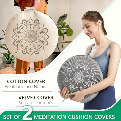 Hihealer Meditation Cushion, Traditional Tibetan Velvet Meditation Pillow | Buckwheat Yoga Bolster, Large Floor Cushion & Pillow for Adults, Zafu Zabuton Set, Zen Meditation Mat - color: Calmly Grey & White