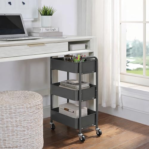 SunnyPoint 3-Tier Delicate Compact Rolling Metal Storage Organizer - Mobile Utility Cart Kitchen/Under Desk Cart with Caster Wheels (Gray, 15.35" X 10.24" X 26.8"H) - color: Grey
