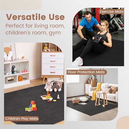 Tangkula 25 Tiles Foam Flooring Mats with Border, 100 SQ FT EVA Interlocking Exercise Foam Mats for Exercise Equipment, Elastic Puzzle Play Mats, 3/8” Non-Slip Workout Floor Mats for Home Gym (Black) - size: 100 sq.ft, Black