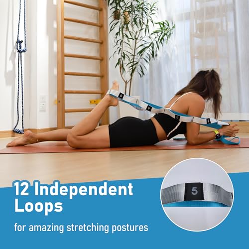 Stretch Bands for Exercise, Non Elastic Yoga Stretching Strap with Loops, 3.8cm x 2.45m, Stretching Bands for Physical Therapy, Yoga, Pilates, Dance, Gymnastics Exercise - color: Blue