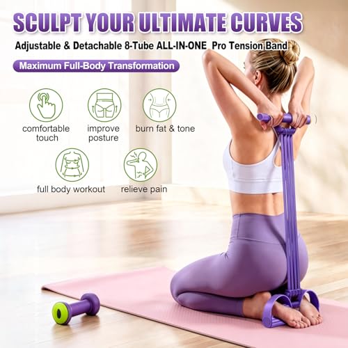 Foot Pedal Resistance Bands with Handles, Multifunction Elastic Yoga Exercise Bands, Home Gym Fitness Equipment for Women & Men to Tone Abs, Core, Legs, Arms, Waist - color: Multi-Purple