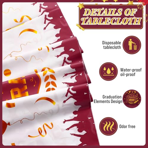 Kinlop 3 Pcs Graduation Tablecloths Class of 2026 Graduation Party Decoration Supplies 51" x 108" Plastic Congrats Grad Table Covers Disposable Graduate Tablecloths(Maroon, Gold) - color: Maroon, Gold