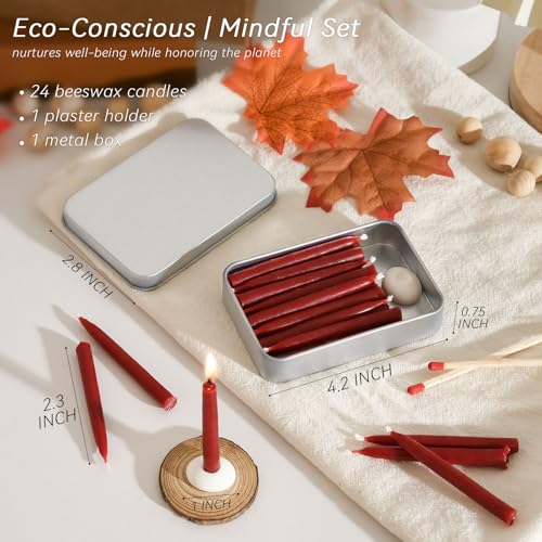 20 Minute 100% Pure Beeswax Candles, Mini Mindful Meditation Taper Candles, Smokeless & Dripless with Holder for Yoga, Prayer, Relaxation (Red,24 Pack) - color: Red