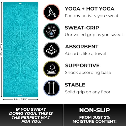 Plyopic All In One Yoga Mat | Luxury Sweat-Grip Mat/Towel Combo | Ideal for Yoga, Hot Yoga, Bikram, Pilates, Workout & Exercise | Eco-Friendly Natural Rubber - color: Mandala Turquoise