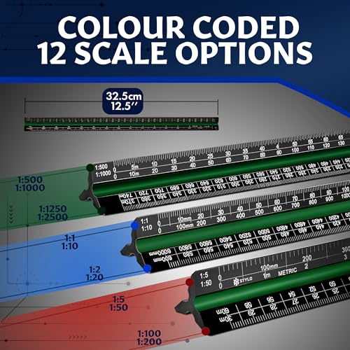Stylo Architectural Scale Ruler, 12 Inch Aluminum, Black Metric | Laser Etched Triangular Drafting Scale, Color Coded Grooves, for Blueprints and Floor Plans, Cloth Pouch Included - color: Black, size: 12 inch (Metric)