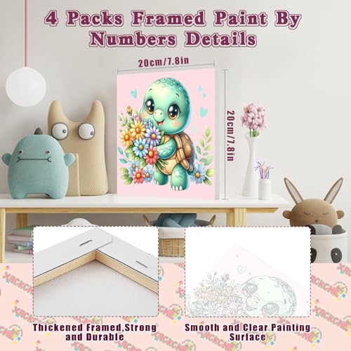 4 Pack Animal Paint by Number for Kids with Wooden Frame - Wooden Easel | Paint by Numbers for Kids Ages 4-8-12, Easy Panda Sea Turtle Owl Cow DIY Oil Painting Kits for Home Wall Decor (8X8 inch) - color: BKH953+BKH954+BKH955+BKH956