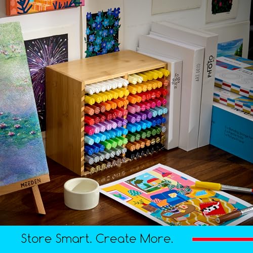 MEEDEN Bamboo Marker Holder Organizer: Holds 126 Pens with 18 Compartments | Art Supply Storage Desktop Holder with 32 Compartments for Alcohol Markers, Pens, Pencils, Brushes, Stationary - style: Holds 126 Markers