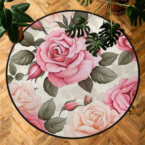 Pink Rose Round Area Rug 5Ft Spring Flower Circle Carpet Floor Mat - color: Pink Rose, size: 5 ft