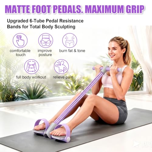 Upgraded Foot Pedal Resistance Band with Handle, 6-Tube Elastic Resistance Bands for Home Workout, Multifunction Exercise Equipment for Abdomen, Core/ABS, Waist, Arm, Leg - color: Purple