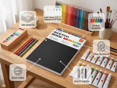 Soucolor Sketch Book 9" x 12", 100 Sheets Kids Art Sketchbook Drawing Pad | 68lb Acid-Free, Fine-Texture Paper, Top Spiral for Lay-Flat, Gift for Teens Girls Boys Beginners Adults, School Art Supplies - color: Black, size: 9" x 12" (Pack of 1)