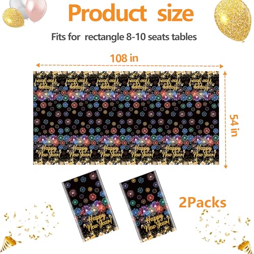 2 Pack New Years Tablecloths,Happy New Year Decorations Black and Gold Disposable Plastic Waterproof Table Covers for 2026 New Years Eve Party Supplies,54 x 108 Inch - color: Happy New Year