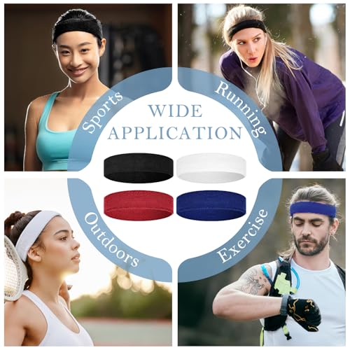 4 Pack Cotton Terry Sweat Headbands for Men Women Running Gym - color: Black/Red/White/Blue