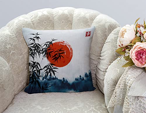 TSSOHU Throw Pillow Cover Japanese Bamboo Pillow case Asian Ink Painting Black Tree Stems Red Sun Mountains Decorative Pillow Case Funny Home Decor Square 18 x 18 Inch Cushion Pillowcase - color: Tss47