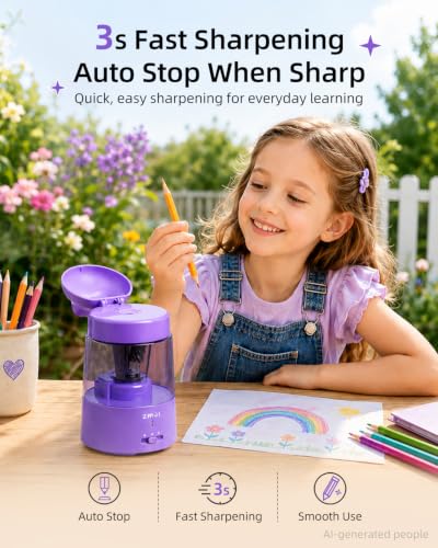 ZMOL Colored Pencil Sharpener for Kids Gift, Rechargeable Electric Pencil Sharpener, Auto Stop, Pencil Sharpeners for Battery Powered Cute Purple - color: Purple