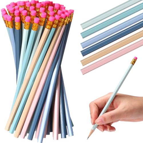 TecUnite 60 Pcs HB Pencils #2 Unsharpened Wood Cased Pencils with Eraser Hexagonal Pencil Cute Graphite No 2 Pen for Adults Gifts Exam School Office Sketching Learning(Morandi Colors, Gold) - color: Morandi Colors, Gold