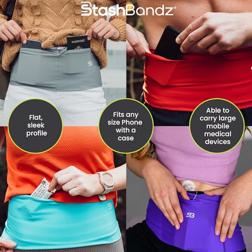 StashBandz Running Belt Money Belt 4-Pocket Phone Holder - color: Black, size: Medium