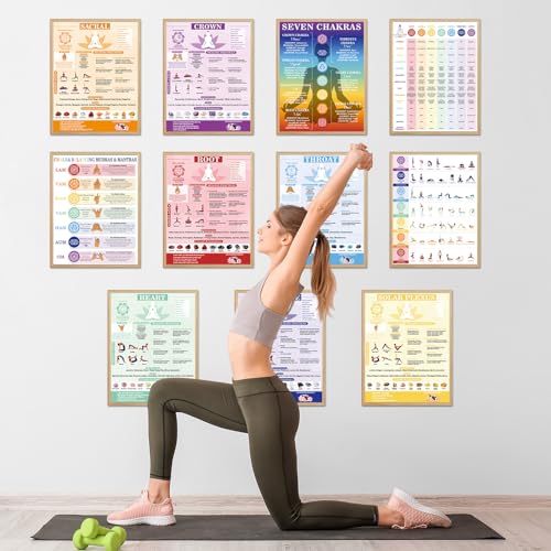 11pcs Chakras Posters (14.2 x 11.0 in) Yoga Poses Posters Set, Healing Meditation Yoga Pose with Crystals & Affirmations Quick Reference Guide, Spiritual wall art Gifts for Yogas Reiki Room Home Decor