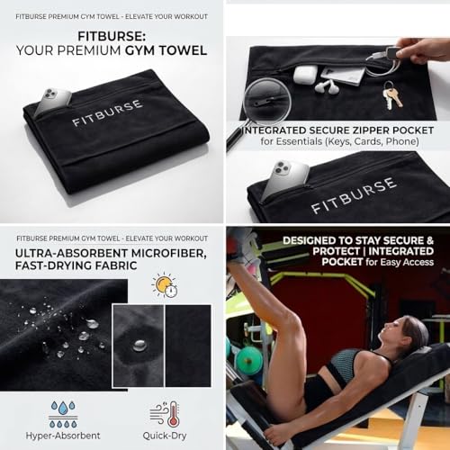 Microfiber Gym Towel with Zipper Pocket – Quick Dry Sweat Absorbent Workout Towel with Secure Pocket for Phone, Keys & Gym Essentials
