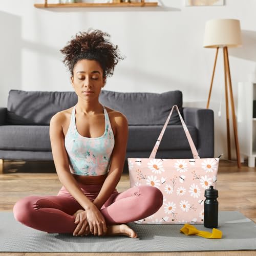 Yoga Bag for Women, Large Canvas Yoga Mat Tote Bag with Yoga Mat Carrier - color: Pink Daisy