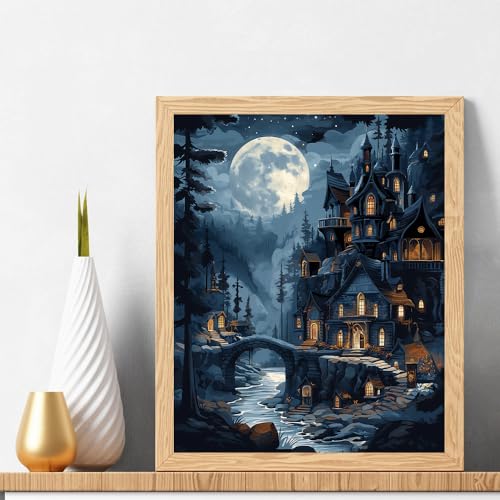 Natuyalo Paint by Numbers Kit for Adults, Paint by Numbers for Beginner Moonlit Castle, Paint by Number for Adults, Night Scene DIY Paint by Number for Gift Home Wall Decor 16x20 Inch - color: ART-06