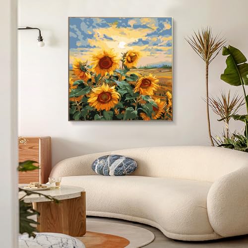 PRASIO Paint by Numbers Kit for Adults Flowers, Sunflower Easy Adult Paint by Number Kits on Canvas, DIY Acrylic Watercolor Oil Paint by Number for Adults Beginner for Home Decor Gift 16x16 Inch - color: XM-OP-Sunflower-4040