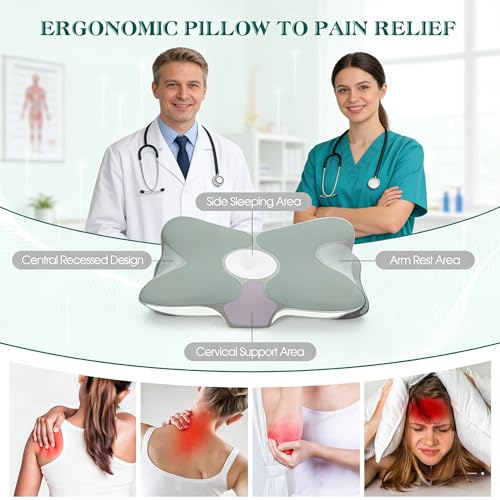 Ergonomic Memory Foam Cervical Pillow for Neck Pain Relief Support | Contour Design With Dual Heights, Breathable Washable Pillowcase, Orthopedic Pillows for Side, Back & Stomach Sleepers (Grey) - color: Grey, size: Butterfly