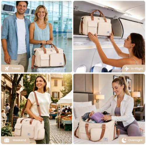 FIORETTO Women's Gym Duffle Bag with Shoes Compartment, 30L Capacity, Ideal for Travel, Gym, Sports, Duffel, Weekender - color: Beige& Brown, style: Gym Bag