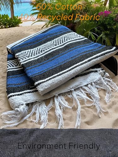 Mexican Falsa Blanket Serepe Throw Authentic Handwoven Saddle Multi-Use for Yoga, Beach, Camping and Picnics - Durable Outdoor Indoor. 60% Cotton. - color: Blue